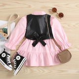 FOCUSNORM Autumn Fashion Kids Girls Dress 2pcs Outfits 1-6y Solid Single Breasted Shirts Dress+PU Leather Vest