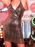 Sequin Stripe Contrast Back Wrapover Front Bodycon Mini Dress