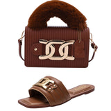Women's Slippers Slides Metal Decorative Flat Sandals and Handbags Matching Suit