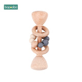 Bopoobo 1PC Baby Toys Beech Wooden Rattle Hand Teething Wooden Ring Can Chew Beads Play Gym BPA
