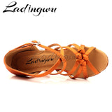 Ladingwu Bronze Silk Satin Latin Dance Shoes