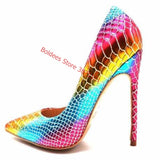 Sexy Iridescent Snake Pattern High Heel Pumps Python Printed Color Dress Shoes 12cm Stiletto Heels Banquet Party Shoes