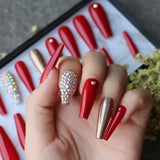 Rhinestone Crystal Design Pink Luxury Ombre Extra Coffin Press on Nails Gel