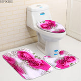 Flowers Prints Bath Screen Curtains With Hooks High Quality Polyester Shower CurtainToilet Cover Mat Non-Slip Bath Rug Set