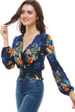 Floral Print Surplice Smock Back Long Sleeve Top