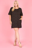 1240 Print short dress, round neck, pockets, short sleeves.