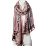 Boho Multi-Color Tassel Trim Rose Gold Scarf