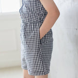 Dark Blue & White Gingham Button-Front Romper
