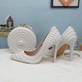 BaoYaFang White Pearl Women Wedding Shoes and Bags Bride High Heels Shoes Ladies Party Dress Shoes Woman Sweet Fashion Pumps