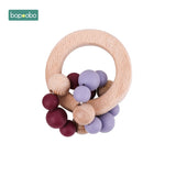 Bopoobo 1PC Baby Toys Beech Wooden Rattle Hand Teething Wooden Ring Can Chew Beads Play Gym BPA
