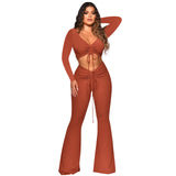 Fall Women Two Piece Jogger Set 2 Piece Set Long Sleeve Pleated Crop Top Flare Trousers Casual Two Piece Sets for Women Winter