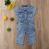 Summer Toddler Baby Kids Girls Denim Clothes V-Neck Sleeveless Button Pocket Romper Newborn Long Jumpsuit Overalls One Pieces
