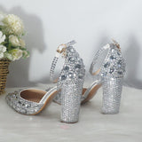 BaoYaFang Silver Crystal Women Wedding Shoes Bride Thick High Heel Pumps Fashion Shoes Woman Shallow Ankle Strap Buckle Shoes