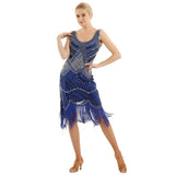 Sleeveless V-Neck Bead Shiny Sequins Fringed Tassels Hem Flapper Woman Cocktail 1920s Dress