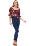 Floral Print Rouched Chest Tie Front Peplum Long Sleeve Peasant Top