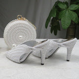 BaoYaFang White Pearl Women Wedding Shoes and Bags Bride High Heels Shoes Ladies Party Dress Shoes Woman Sweet Fashion Pumps