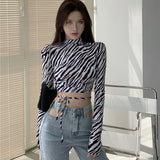 Women T-Shirts Sexy Leopard Zebra Printed Slim Backless Tops Long Sleeve Half-High Collar Short T-Shirt.