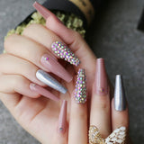 Rhinestone Crystal Design Pink Luxury Ombre Extra Coffin Press on Nails Gel