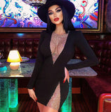 BY2166 Beading Rhinestone New Style Sexy Club Bandage Dress Deep V-Neck Long Sleeve Split Skirt Fashion