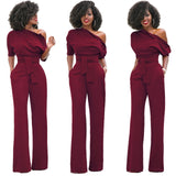 Fashion Wide Leg Slanted One Shoulder Belted Jumpsuits  Yoga