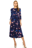 Eliza J Navy Floral Printed Jersey Puff Sleeve Belted Dress