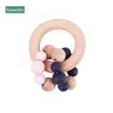 Bopoobo 1PC Baby Toys Beech Wooden Rattle Hand Teething Wooden Ring Can Chew Beads Play Gym BPA
