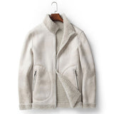 Mens Winter Slim Fit Short Shearling Jacket Real Wool Lining Office Work Coat Biker Man Suede Leather Outwear Coats Plus Size