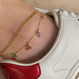 HOT 18k Real Gold Plated Colorful Zircon Cherry Peach Tropical Fruit Anklet for Women
