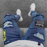 2021 New Italy Style Men's Distressed Destroyed Badge Pants Art Patches Skinny Biker White Jeans Slim Trousers
