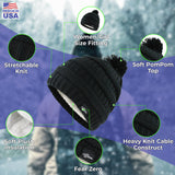 Fear0 NJ Warmest Plush Insulated Black/Gray/White Knit Cable Pom-Pom Beanie Hat