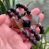 Reiki Healing Energy Stone Mala Bracelets Pyramid Charm Natural Amethysts Quartz Crystal Opal Black Lava Stone Strand Bracelets