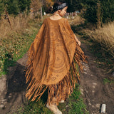AYUALIN Camel Suede Floral Hollow Out Fringe Tassel Shawl Women Vintage Capes