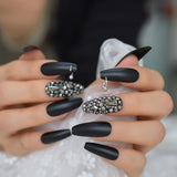Dark Silver Strass Fake Nails Studs Extra Long Horse Shoe Metal Coffin Faux Ongles With Decorative Stones Frosted Maniture Tips