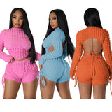 2023 Solid Color Custom Logo Drawstring Knitted Two Piece Set Women Casual
