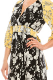 Gabby Skye Lemon Black Floral Printed Midi Circle Skirt Dress