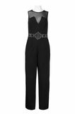 JS Boutique Illusion Neckline Embellished Waist Straight Leg Crepe