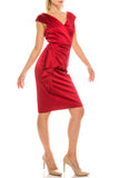 London Times Cranberry Satin Twill Gathered & Draped Sheath Dress