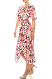 Maison Tara Ivory Pink Floral Print Dress with Flutter Sleeves