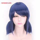 VEVEFHUANG LB Wigs Peluca Marinette Girls Women Cosplay Double Ponytail Braids Short Straight Blue Hair
