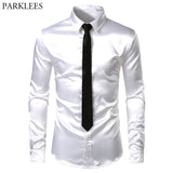 Men's 2 Pieces (Shirt+Tie) White Silk Satin Dress Shirts Slim Fit Long Sleeve Button Down Shirt Male Wedding Party Prom Chemise