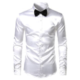 Men's 2 Pieces (Shirt+Tie) White Silk Satin Dress Shirts Slim Fit Long Sleeve Button Down Shirt Male Wedding Party Prom Chemise