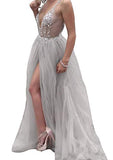 Sexy Tulle Long Prom Dresses New Arrival Backless Sweep Train Beaded A Line Special Occasion Evening Gowns Custom Made