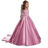 Little Flower Girl Dresses for Weddings Banquet Dress Girl Beaded Birthday First Communion Dresses Petals Long Sleeves Ball Gown