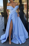 Red Prom Dress Off Shoulder High Slit Long Prom Gown with Pockets