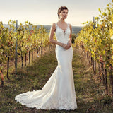 Eightale Boho Lace Chiffon V-Neck Mermaid Wedding Dress