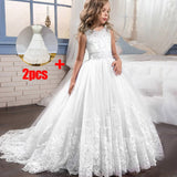 Long trailing lace flower dress girls evening wedding birthday girls dress