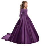 Little Flower Girl Dresses for Weddings Banquet Dress Girl Beaded Birthday First Communion Dresses Petals Long Sleeves Ball Gown