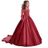 Little Flower Girl Dresses for Weddings Banquet Dress Girl Beaded Birthday First Communion Dresses Petals Long Sleeves Ball Gown