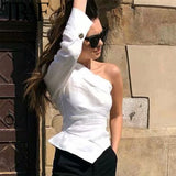 TRAF Women Blouses Vintage Sexy One Shoulder Tops Fashion Irregular Collar Pleated Stylish White Shirts Blusas Mujer