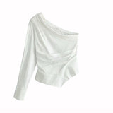 TRAF Women Blouses Vintage Sexy One Shoulder Tops Fashion Irregular Collar Pleated Stylish White Shirts Blusas Mujer